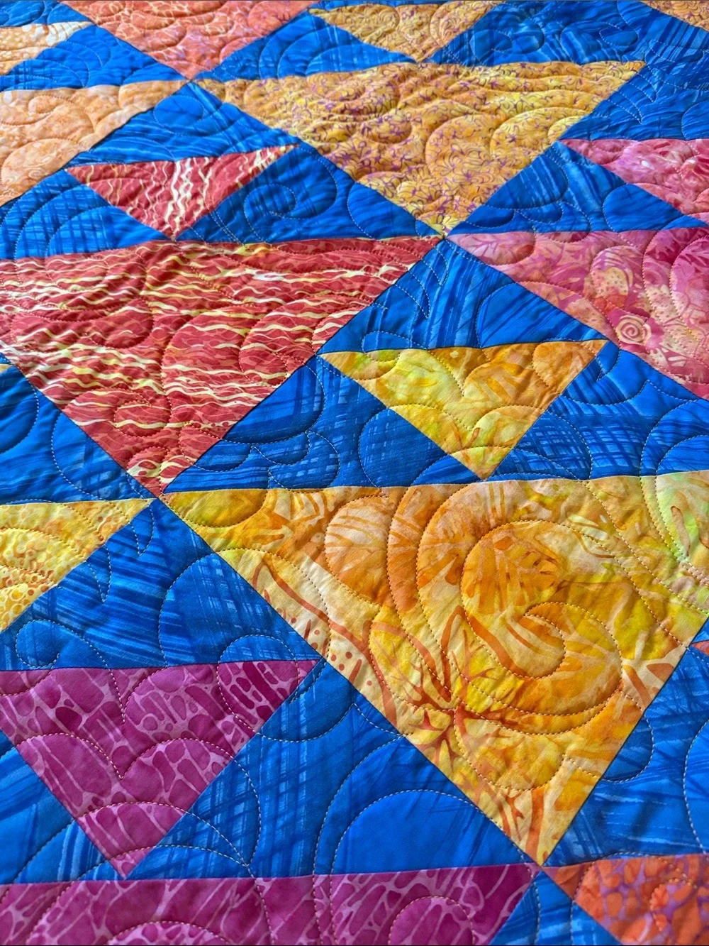 New handcrafted Vibrant Triangle Patchwork Quilt - Blue, Yellow & Pink
